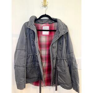 Aeropostale Gray Utility Jacket Women's Large Pink Plaid Lined Hooded Anorak Coa